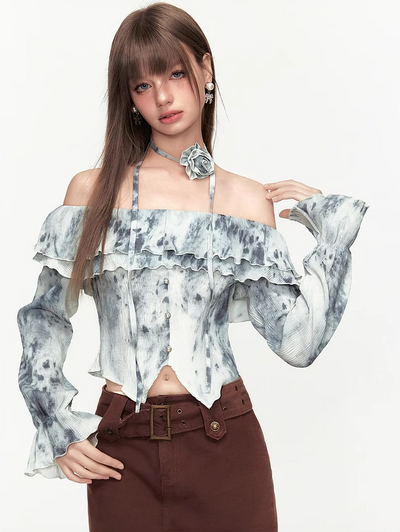 Ruffled Long-sleeved Floral One-shoulder Shirt MEE0148