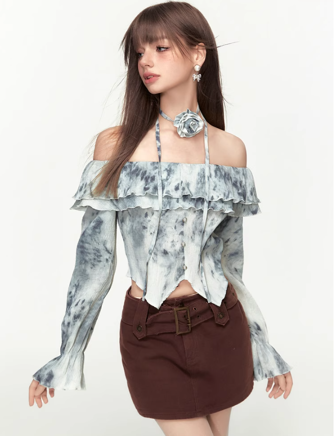 Ruffled Long-sleeved Floral One-shoulder Shirt MEE0148