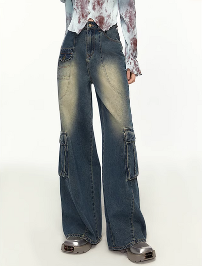 Straight-leg Washed Workwear Design Jeans MEE0154