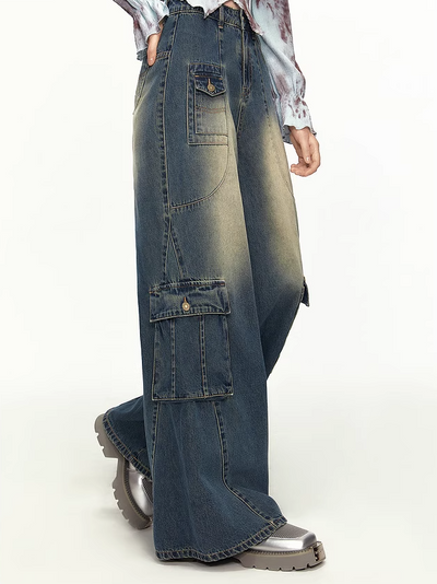 Straight-leg Washed Workwear Design Jeans MEE0154