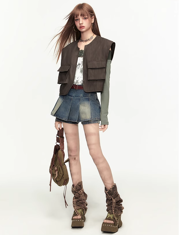 Short Workwear Layered Outer Vest Jacket MEE0159