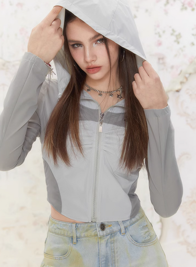 Contrast Color Stitch Slim Hoodie Zip Top IMO0045