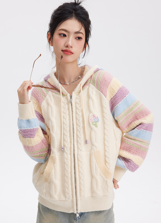 Candy colored rainbow sleeve cable knit hoodie cardigan NTO0056