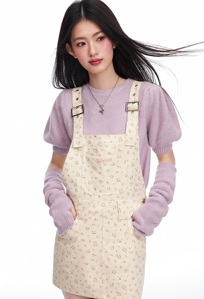 Flower Pattern Slim Suspender Mini Dress & Balloon Sleeve Short Sleeve Knit Top & Arm Warmers NTO0065