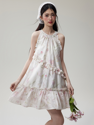 Ruffle Design Floral Halter Neck Dress NTO0066