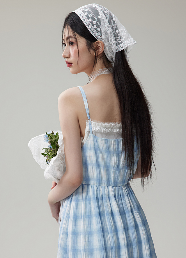 Summer Color Plaid Lace Bow Girly Long Dress NTO0070