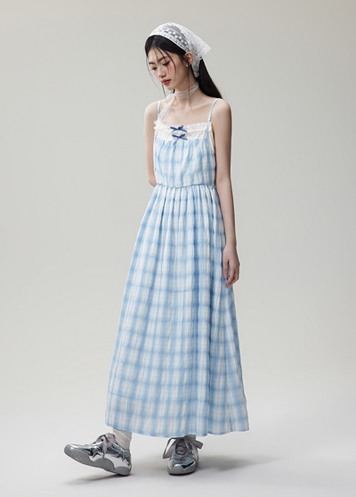 Summer Color Plaid Lace Bow Girly Long Dress NTO0070