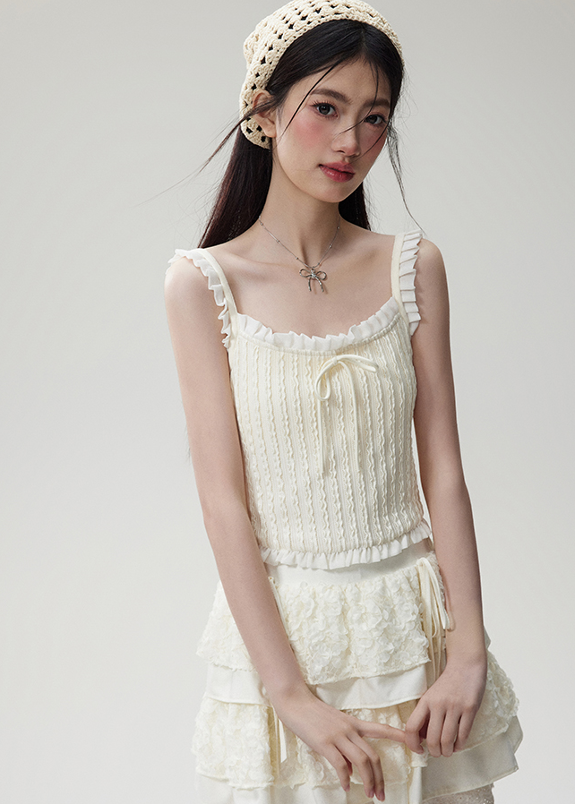 Ruffle Strap Girly Sleeveless Top & Lace Layered Mini Skirt NTO0071