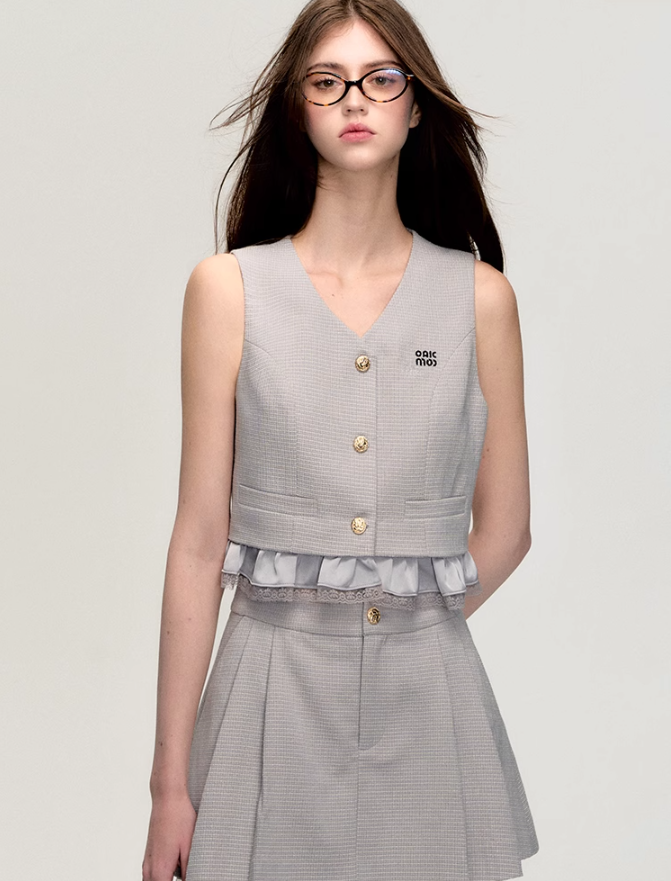 High-end V-neck Vest/Pleated Waist Skirt OAK0163