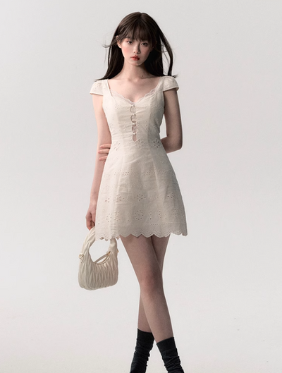 Cream White Simple Slim Lace Stitching Dress OAK0164