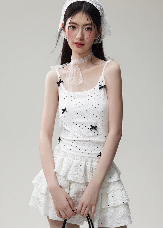 Ribbon Dot Girly Camisole & Dot Lace Layered Mini Skirt NTO0073