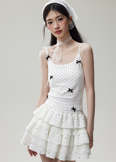 Ribbon Dot Girly Camisole & Dot Lace Layered Mini Skirt NTO0073