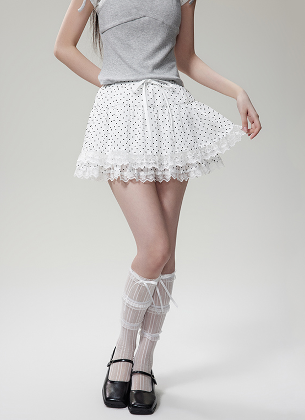 Sequined lace design girly sleeveless top & lace layered culotte skirt & dotted lace mini skirt NTO0074