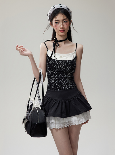 White Inner Docking Floral Pattern Camisole & Lace Mini Skirt NTO0077