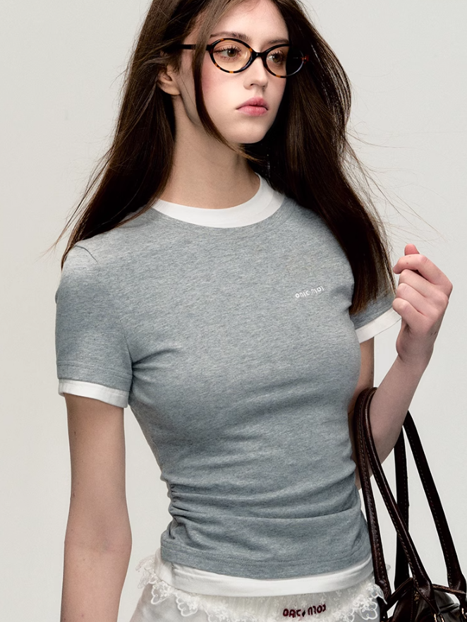 Round Neck Contrast Color Stitching Pleated T-shirt OAK0172