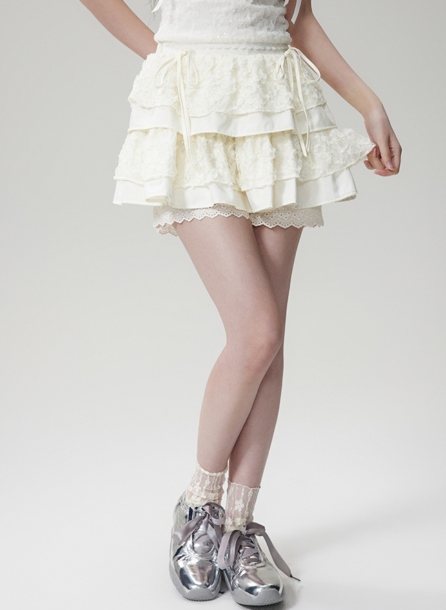 Lace Layered Frilled Mini Culottes Skirt NTO0078