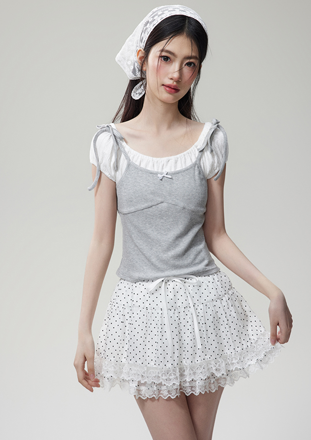 Rib Cami Sleeveless Puff Sleeve Top & Lace Hem Dot Pattern A-Line Mini Skirt NTO0080