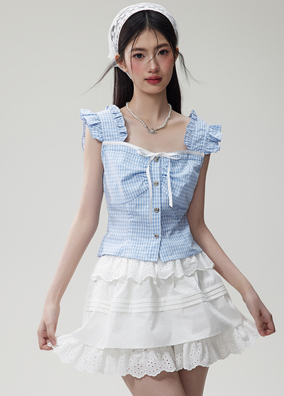 Ruffle Sleeve Blue Checked Girly Top & Lace Layered A-Line Mini Skirt NTO0082
