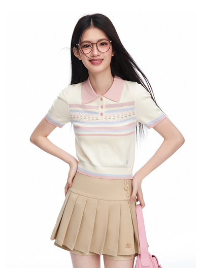 Little Flower Stripe Compact Polo Shirt & Waist Button Pleated Culottes Skirt NTO0085