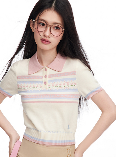 Little Flower Stripe Compact Polo Shirt & Waist Button Pleated Culottes Skirt NTO0085