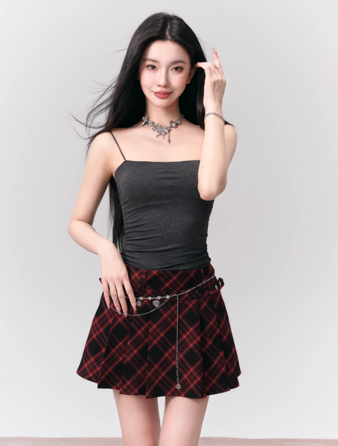 Rock Red And Black Plaid Pleated Skirt FRA0148