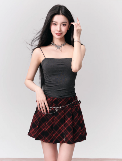Rock Red And Black Plaid Pleated Skirt FRA0148
