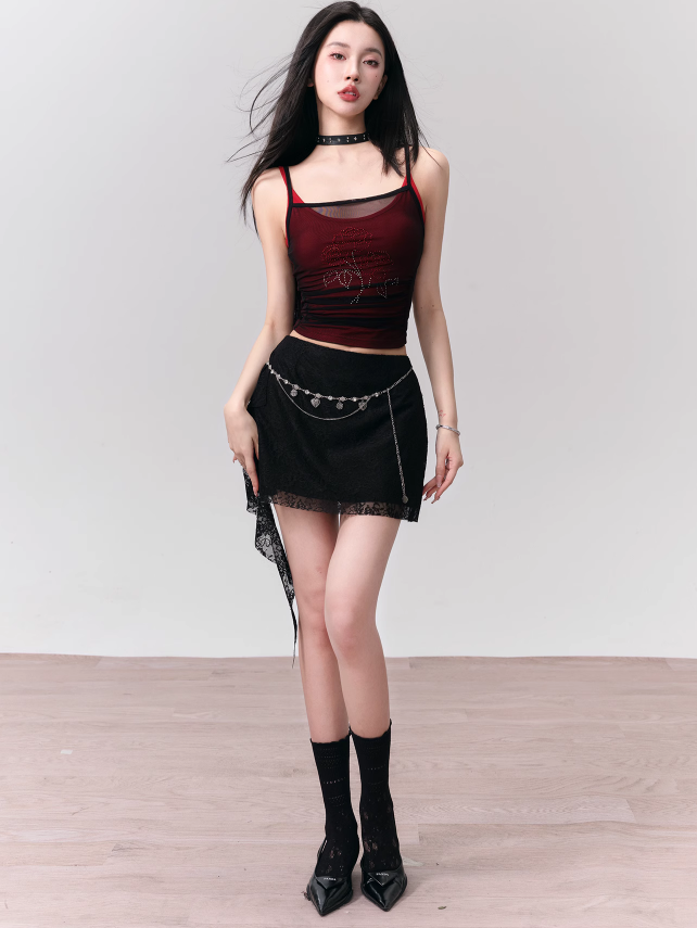 Rose Thief Black And Red Mesh Ribbon Suspender Dress FRA0154