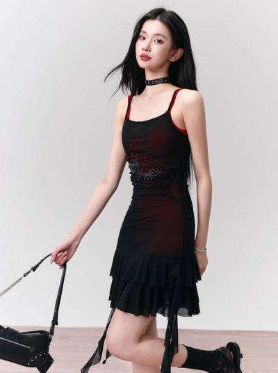 Rose Thief Black And Red Mesh Ribbon Suspender Dress FRA0154