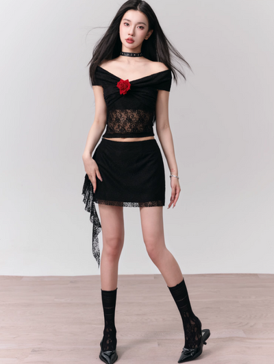 Rose Black Slim One Shoulder Top/Skirt FRA0155