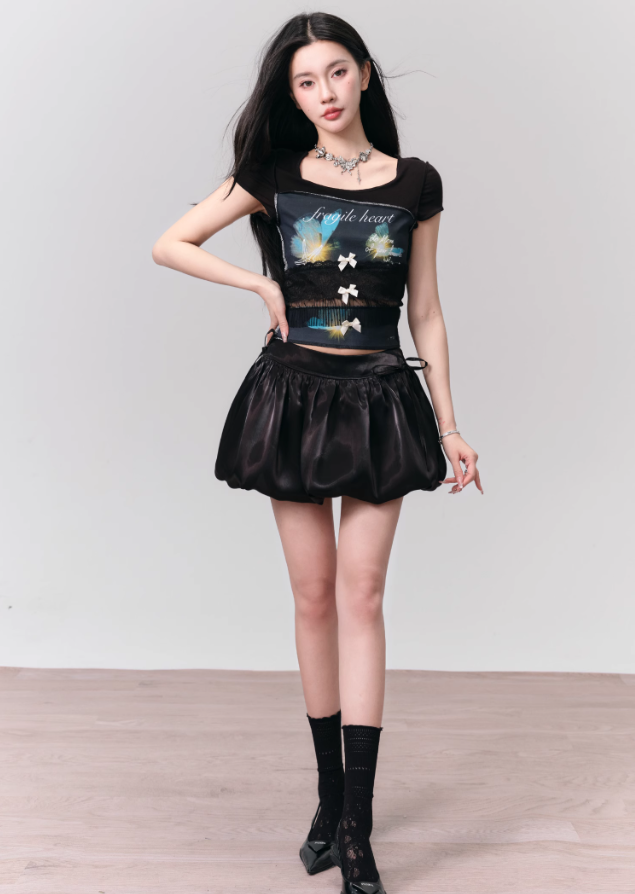 Printed Lace Stitching Bow Short-sleeved T-shirt FRA0156