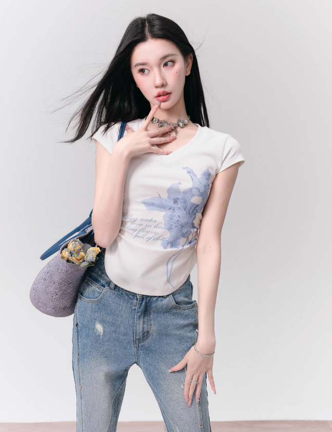 Lily Print V-Neck Slim Short Sleeves T-shirt FRA0158