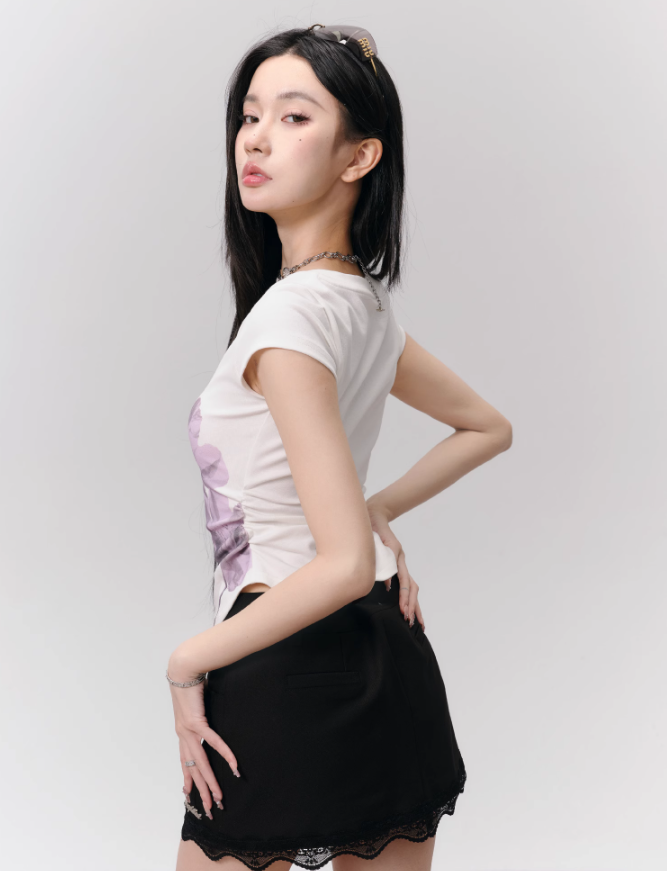 Lily Print V-Neck Slim Short Sleeves T-shirt FRA0158
