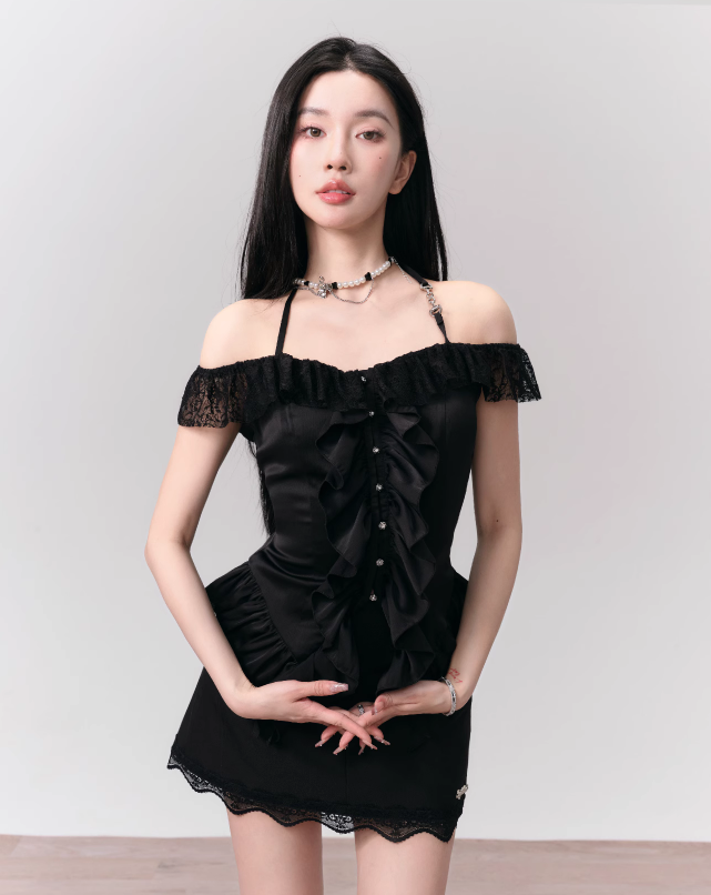 Black Berry French Lace Halter Neck Shirt FRA0160