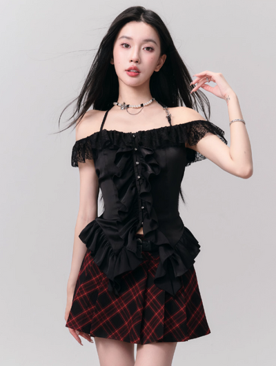 Black Berry French Lace Halter Neck Shirt FRA0160