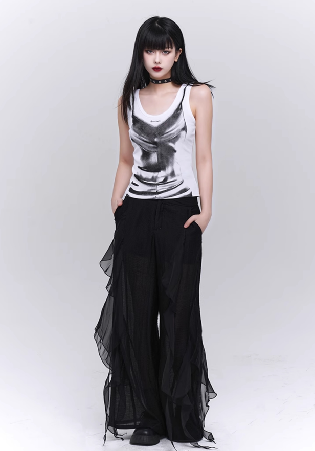 Ruffle Tulle Design See-through Loose Pants LAD0071