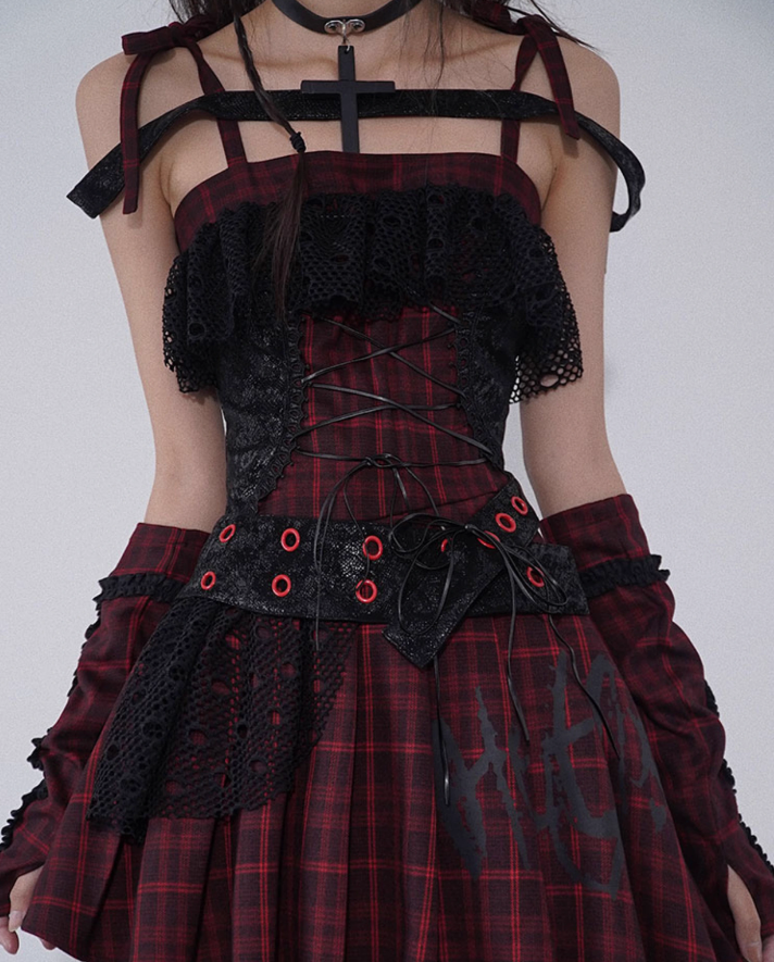 Rock Red And Black Plaid Suspenders Dress WSW0024