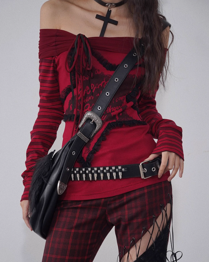 One-shoulder Red And Black Printed Knit WSW0026