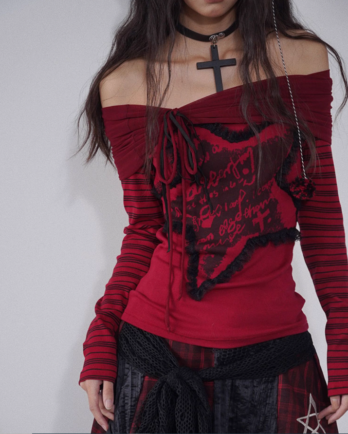 One-shoulder Red And Black Printed Knit WSW0026