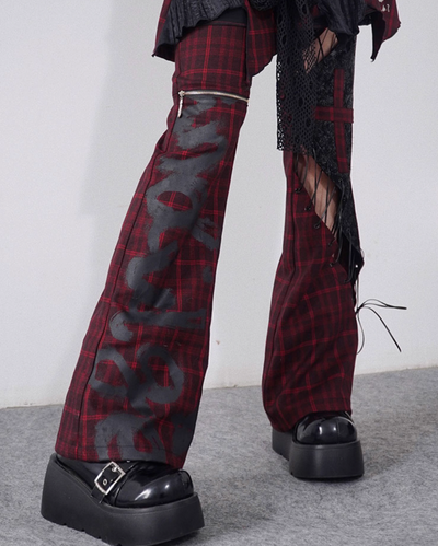 Strap Hollow Red and Black Plaid Leather Pants WSW0029