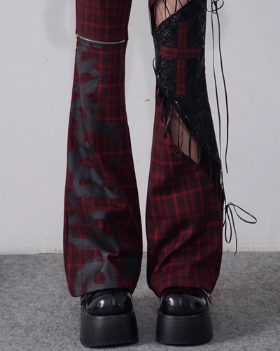 Strap Hollow Red and Black Plaid Leather Pants WSW0029