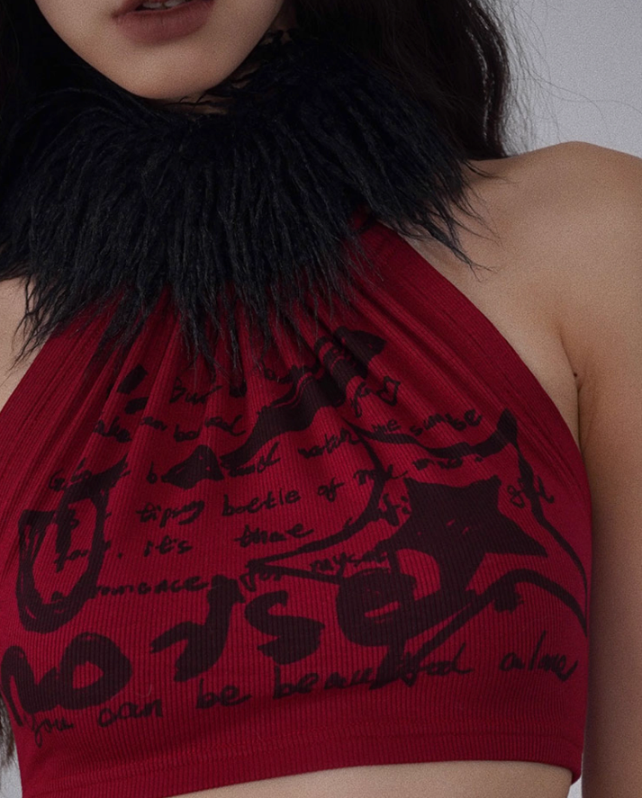 Red And Black Rock Fur Collar Detachable Top WSW0045