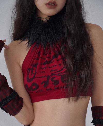 Red And Black Rock Fur Collar Detachable Top WSW0045
