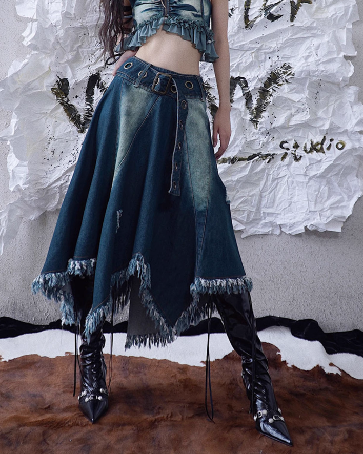 Half-length Tassel Raw-edge Denim Skirt WSW0048