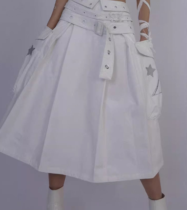 White Low-waist Casual Pleated Long Skirt WSW0051