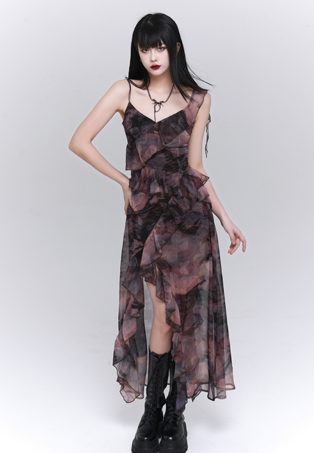 Butterfly Pattern Ruffle Design See-through Dress LAD0077