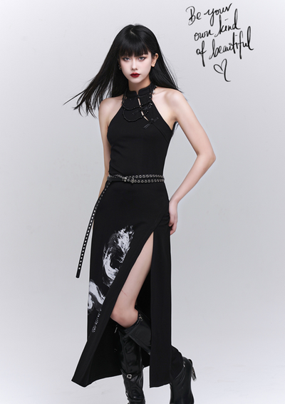 Dragon Print Black Chinese Dress LAD0079