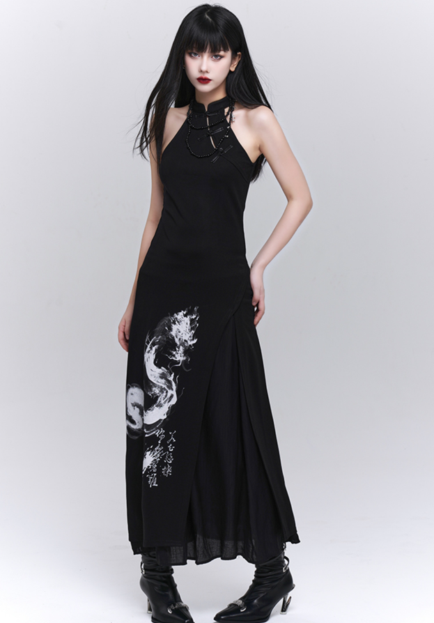 Dragon Print Black Chinese Dress LAD0079