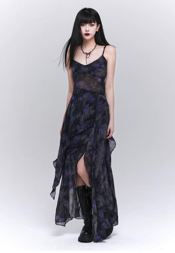 Purple Floral Irregular Hem Camisole Dress LAD0080