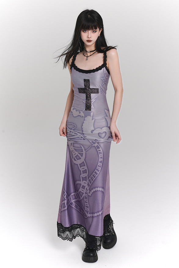 Crucifix Print Tight Purple Camisole Dress & Detached Flared Sleeves LAD0084