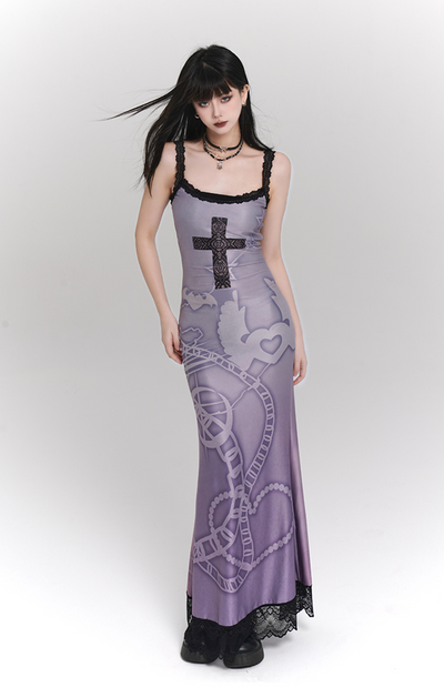 Crucifix Print Tight Purple Camisole Dress & Detached Flared Sleeves LAD0084